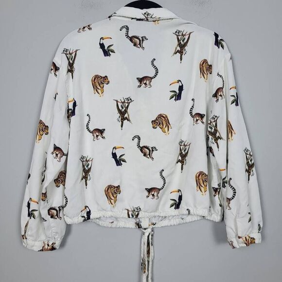Zara Womens Jungle Animals Top White Large Long Sleeve Cinched Waist Button Up - Picture 2 of 8